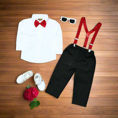 Charming Baby Boy Formal Outfit – White Shirt, Black Pants & Red Bowtie Suspenders (3-Piece Set)