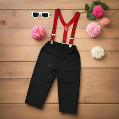 Charming Baby Boy Formal Outfit – White Shirt, Black Pants & Red Bowtie Suspenders (3-Piece Set)