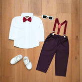 Beautiful Burgundy Baby Boy Toddler Boy Formal Outfit – White Shirt, Burgundy Pants & Bowtie Suspenders (3-Piece Set)