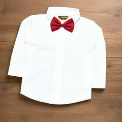 Beautiful Burgundy Baby Boy Toddler Boy Formal Outfit – White Shirt, Burgundy Pants & Bowtie Suspenders (3-Piece Set)