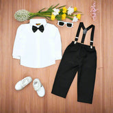 Dapper Baby Boy Formal Outfit – White Shirt, Black Pants & Bowtie Suspenders (3-Piece Set)
