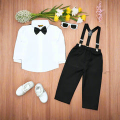 Dapper Baby Boy Formal Outfit – White Shirt, Black Pants & Bowtie Suspenders (3-Piece Set)