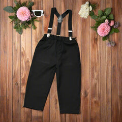 Dapper Baby Boy Formal Outfit – White Shirt, Black Pants & Bowtie Suspenders (3-Piece Set)