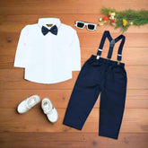 Elegant Navy Blue Baby Boy Toddler Boy Formal Outfit – White Shirt, Navy Blue Pants & Bowtie Suspenders (3-Piece Set)