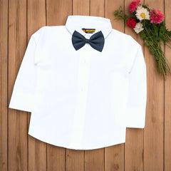 Elegant Navy Blue Baby Boy Toddler Boy Formal Outfit – White Shirt, Navy Blue Pants & Bowtie Suspenders (3-Piece Set)