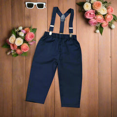 Elegant Navy Blue Baby Boy Toddler Boy Formal Outfit – White Shirt, Navy Blue Pants & Bowtie Suspenders (3-Piece Set)