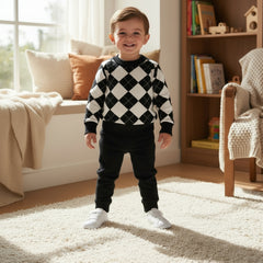 Black and white checkered sweater, black pants,