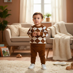 Checkered sweater, brown pants