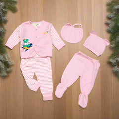 5-Piece Baby Clothing Set – Cartoon Car Print | Newborn Outfit with Hat, Bib, Top, and Pants