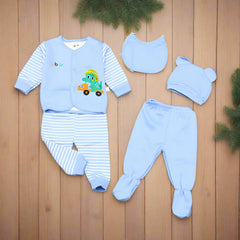 5-Piece Baby Clothing Set – Cartoon Car Print | Newborn Outfit with Hat, Bib, Top, and Pants