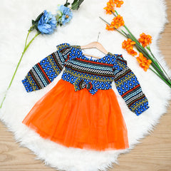 Bold Heritage Long Sleeves Girl Frock Dress – African Print & Orange Tulle
