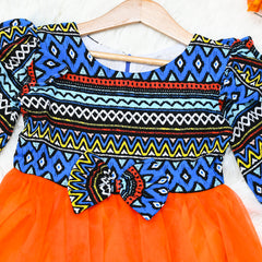 Bold Heritage Long Sleeves Girl Frock Dress – African Print & Orange Tulle
