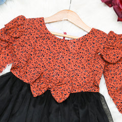 Girls Warm Marina Tulle Frock with Black Net Flare – Autumn & Winter Floral Party Dress