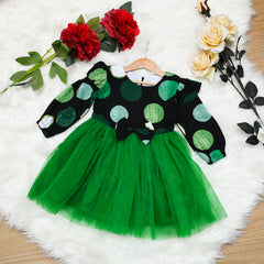 Gorgeous Print Long Sleeves Girl Knee Length Frock Dress – Big Polka Dots Print & Green Tulle