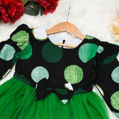 Gorgeous Print Long Sleeves Girl Knee Length Frock Dress – Big Polka Dots Print & Green Tulle