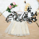 Unique Print Long Sleeves Girl Knee Length Frock Dress – Unique Lines Print & Off White Tulle