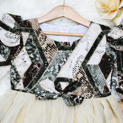 Unique Print Long Sleeves Girl Knee Length Frock Dress – Unique Lines Print & Off White Tulle