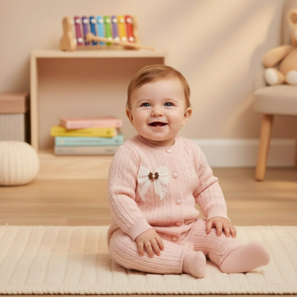 Pink baby onesie with a bow on a wooden surface