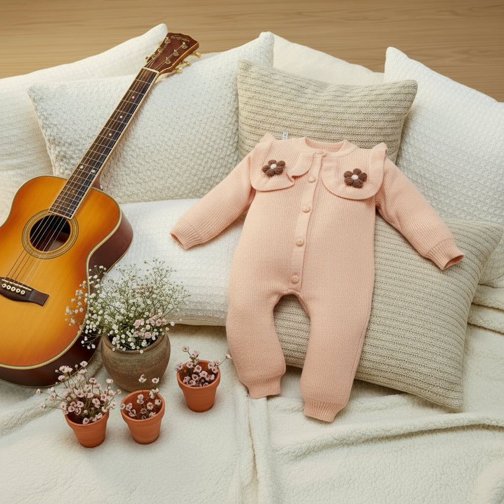 Pink baby romper with owl design on a wooden surface