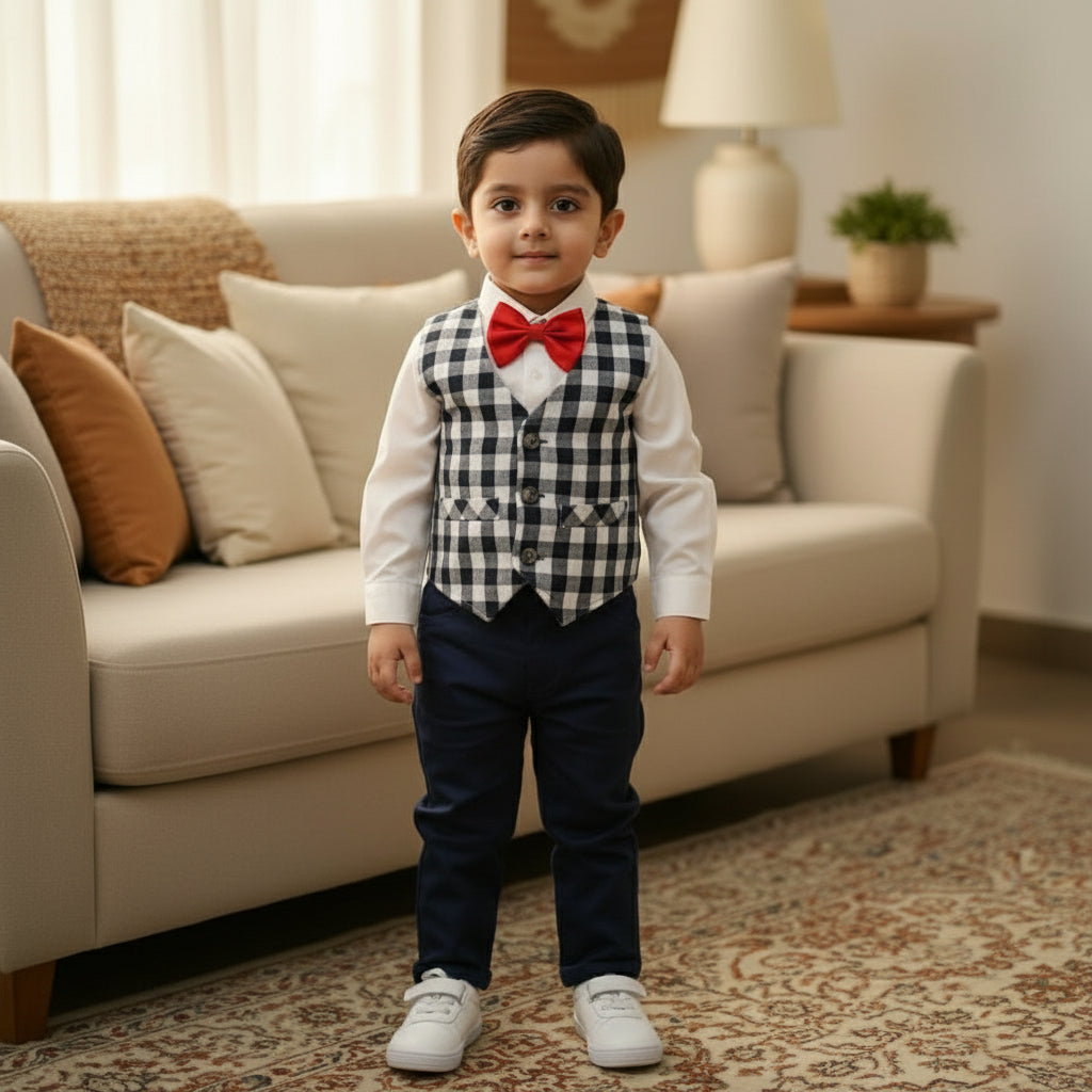 Children's outfit with white shirt, navy pants, checkered vest.