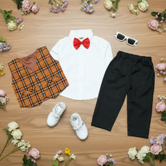 Children's clothing set with white shirt, plaid shorts, black pants, red bow tie.