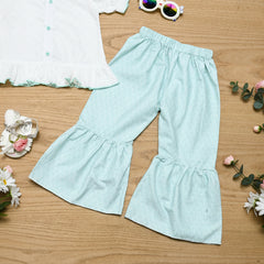 Light blue pants with ruffled bottom.