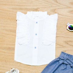 Girls Ruffle Sleeve Button Top & Blue Denim Tie-Waist Shorts Set (3 Months to 4 Years)