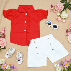 Red shirt, white shorts