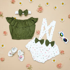 Children's outfit with green top, white romper with suspenders