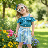 Children's blue top, striped shorts