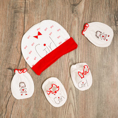 New Born Baby Girl Cap Botties and Mitten Set