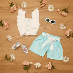 Children's outfit with light blue shorts and white top
