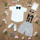 Children's outfit with white shirt, striped shorts, suspenders