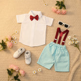 Baby Boy Toddler Boy Shirt & Suspender Contrast Shorts Set with Bow Tie Festive Summer Outfit