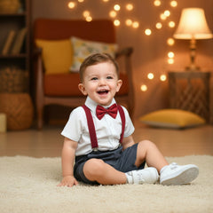 Baby Boy Toddler Boy Grace Glam Shirt & Suspender Contrast Shorts Set with Bow Tie Festive Summer Outfit