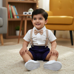 Baby Boy Toddler Boy White Pearl Shirt & Suspender Contrast Shorts Set with Bow Tie Festive Summer Outfit