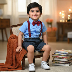 Baby Boy Toddler Boy Blue Charm Shirt & Suspender Contrast Shorts Set with Bow Tie Festive Summer Outfit