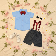 Baby Boy Toddler Boy Blue Charm Shirt & Suspender Contrast Shorts Set with Bow Tie Festive Summer Outfit