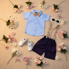 Baby Boy Toddler Boy Blue Berry Shirt & Suspender Contrast Shorts Set with Bow Tie Festive Summer Outfit
