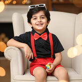 Baby Boy Toddler Boy Red Realm Shirt & Suspender Contrast Shorts Set with Bow Tie Festive Summer Outfit