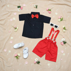 Baby Boy Toddler Boy Red Realm Shirt & Suspender Contrast Shorts Set with Bow Tie Festive Summer Outfit
