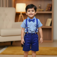 Baby Boy Toddler Boy Blue Bell Shirt & Suspender Contrast Shorts Set with Bow Tie Festive Summer Outfit