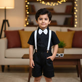 Baby Boy Toddler Boy Black Bash Shirt & Suspender Contrast Shorts Set with Bow Tie Festive Summer Outfit