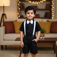 Baby Boy Toddler Boy Black Bash Shirt & Suspender Contrast Shorts Set with Bow Tie Festive Summer Outfit