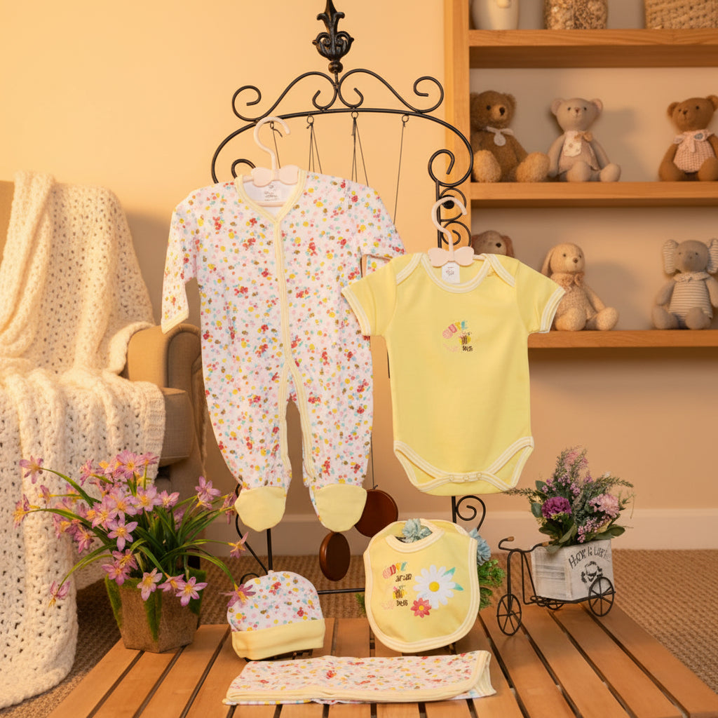 A set of baby girl clothing displayed on a rack, including a floral patterned romper, a yellow bodysuit, a bib, a cap, and a wrapping sheet, all laid out flat against a floral backdrop.