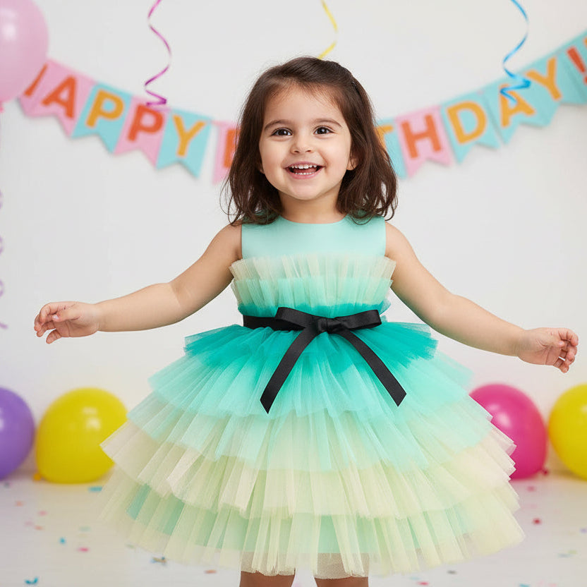 A multicolor multilayer ribbon bow knee-length frock with a round neckline and sleeveless design, predominantly in shades of aqua.