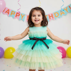 A multicolor multilayer ribbon bow knee-length frock with a round neckline and sleeveless design, predominantly in shades of aqua.