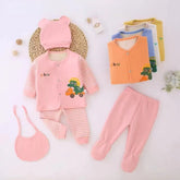 5-Piece Baby Clothing Set – Cartoon Car Print | Newborn Outfit with Hat, Bib, Top, and Pants
