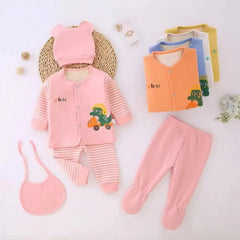 5-Piece Baby Clothing Set – Cartoon Car Print | Newborn Outfit with Hat, Bib, Top, and Pants