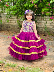 Elegant Sequin Bodice Sleeveless Frock with Net Frills & Gota Work Border – Perfect for Pageants, Parties & Weddings